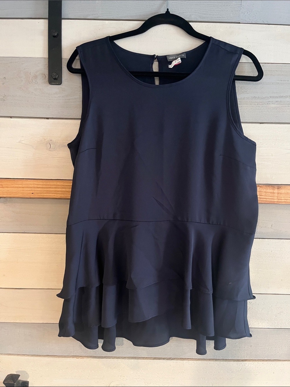 Vince Camuto Navy Sleeveless Ruffle-Hem Peplum Top